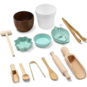 14pcs Sensory Bin Tool Sensory Tools for Boys and Girls Fine Motor Skill Toys Wooden Tong Spoons Bowls Plate Hammer Magnifying Glass and Rolling Pin for Transfer Work and Fine Motor Learning