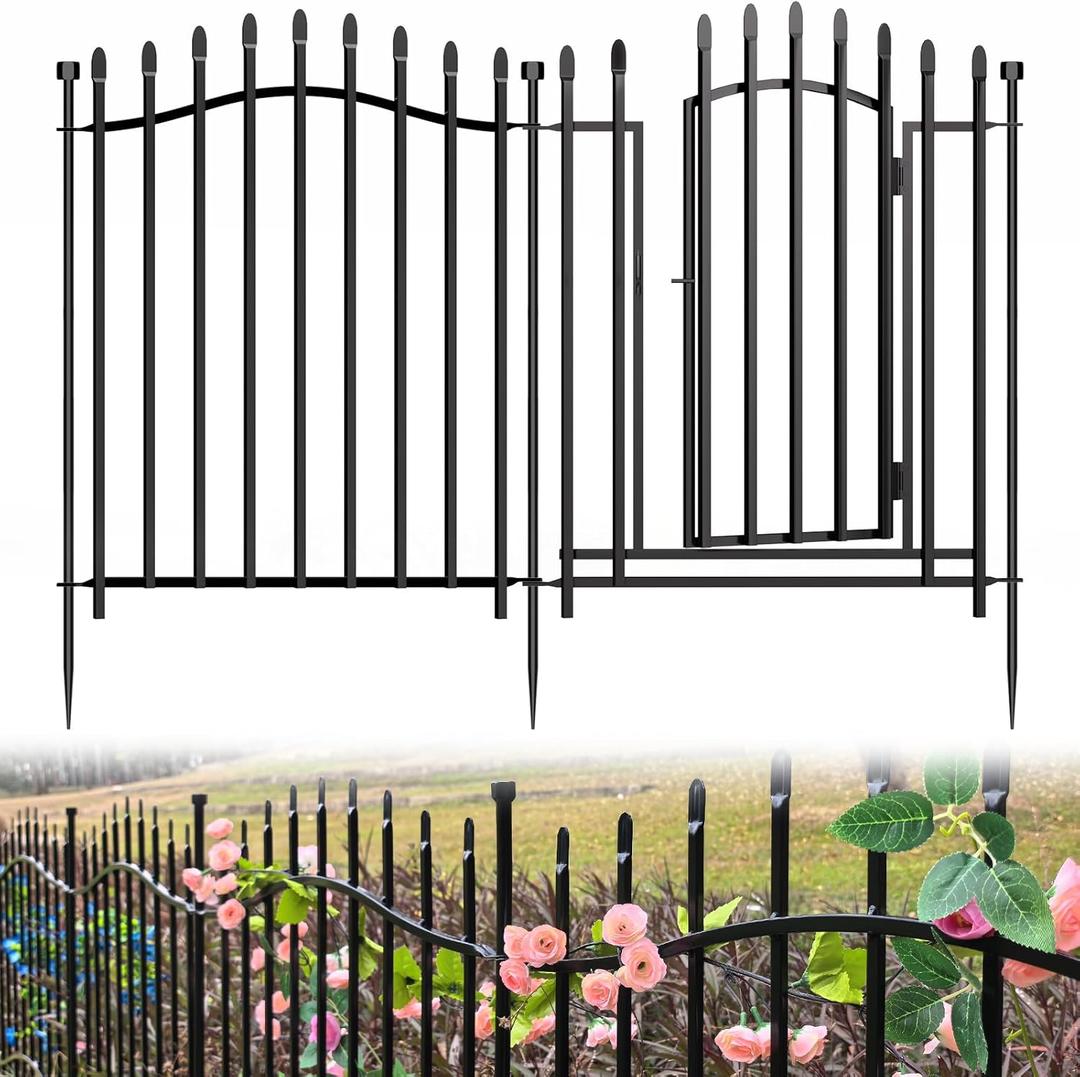 10 Panels No Dig Decorative Garden Fence with Gate - 32in H x 22.5ft L, Reinforced Square Tube Rustproof Tall Animal Barrier for Dogs & Rabbits, Outdoor Yard Border Fencing