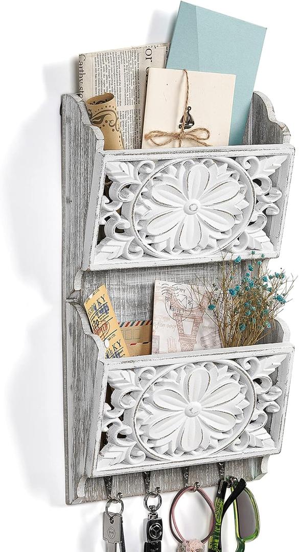 2-Slot Mail Organizer Wall Mount with 4 Hooks, Rustic Key and Mail Holder for Home Decorative, Wooden Key Hangers Wall File Organizer Letter Sorter for Letter Magazines