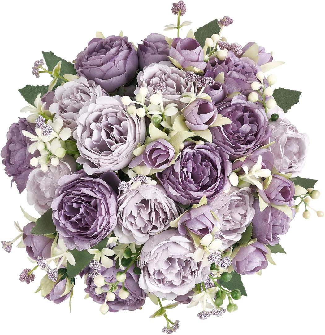 Mkono Peonies Artificial Flowers, Small Silk Flowers for Home Decor Indoor Fake Bouquet Faux Floral Arrangements Dining Table Centerpieces for Kitchen Party Decor Purple