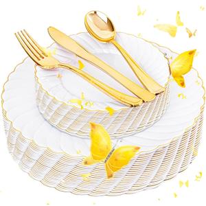 YOUBET 125PCS White Plastic Plates with Gold Rim, Gold Plates Disposable with Golden Silverware Include 25 Dinner Plate 25 Dessert Plate 25 Forks 25 Knives 25 Spoons For Wedding, Parties