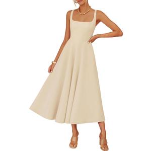 ZESICA Women's Summer Sleeveless Midi Dress 2026 Square Neck Wedding Guest Beach Casual Flowy Long Dresses with Pockets (Beige, L)