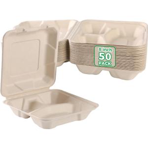 To Go Food Boxes with Lids - 8x8'' 50-Pack Biodegradable 3 Compartment Clamshell Take Out Containers, Disposable Carry Out Meal Prep Paper Containers For Lunch, Stackable, 100% Natural