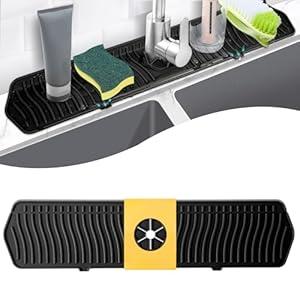 COBETE Kitchen Sink Splash Guard, 5Slope 17.7in Faucet Mat Splash Catcher, Handle Drip Catcher Tray, Multipurpose for Kitchen Dish Drying Mats Sponge Holder and Bathroom Countertop Protect
