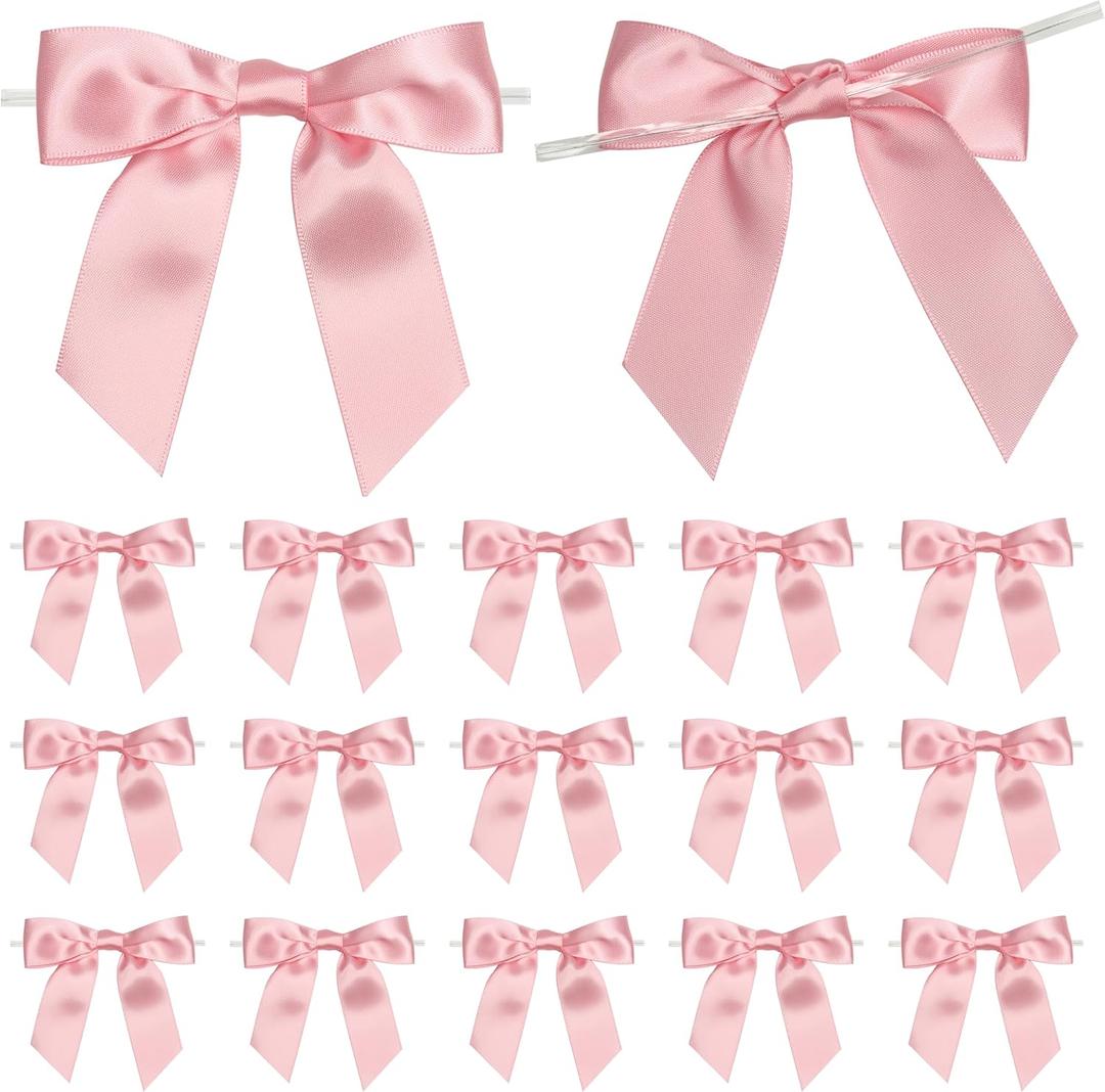 Pink Twist Tie Bows for Treat Bags 3.5" Pre-Tied Pink Bows Baby Pink Satin Ribbon Bows for Gift Wrapping Premade Bows for Crafts, Party Favors, Wedding, Baby Shower Decorations (50 Pack)