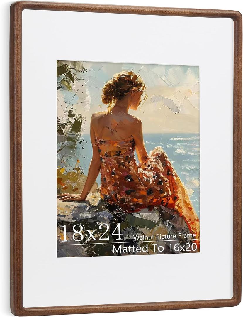 18x24 Poster Frame with Mat for 16x20, USA-Sourced Natural Walnut Wood with Mortise & Tenon Construction, High-Clarity Glass, Handcrafted Rounded Corner Gallery Wall Decoration
