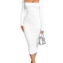 BEAGIMEG Women's Sexy Bodycon Long Sleeves Ruched Square Neck Party Club Midi Dress White Size M
