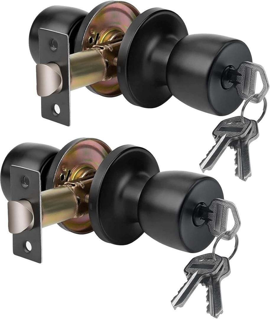 2 Pack Matte Black Round Ball Doorknob with Key Door Knob Passage Door Privacy Locking Interior/Exterior Door Knob/Berlin Series Lock for Room Door (Different Keys 2Pack)