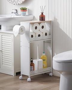 Toilet Paper Holder Stand for Small Bathroom Storage:Skinny Bathroom Storage Cabinet for Small Spaces Tiny Apartment (29.9H inch, Black/Walnut)