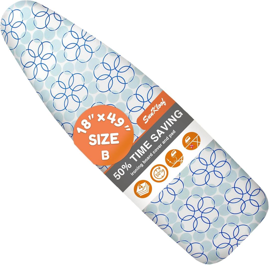 Extra Wide Ironing Board Cover and Pad,18X49 Reflective Silicone Ironing Board Cover,Resist Scorching and Staining,4 Fasteners,Elastic Edges,Large Protective Scorch Mesh Cloth (Green Blue)