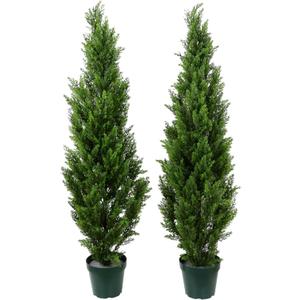 COMUSTER 4FT Artificial Cedar Topiary Trees for Outdoors Potted Fake Cypress Trees Faux Evergreen Plants for Home Porch Decor Set of 2