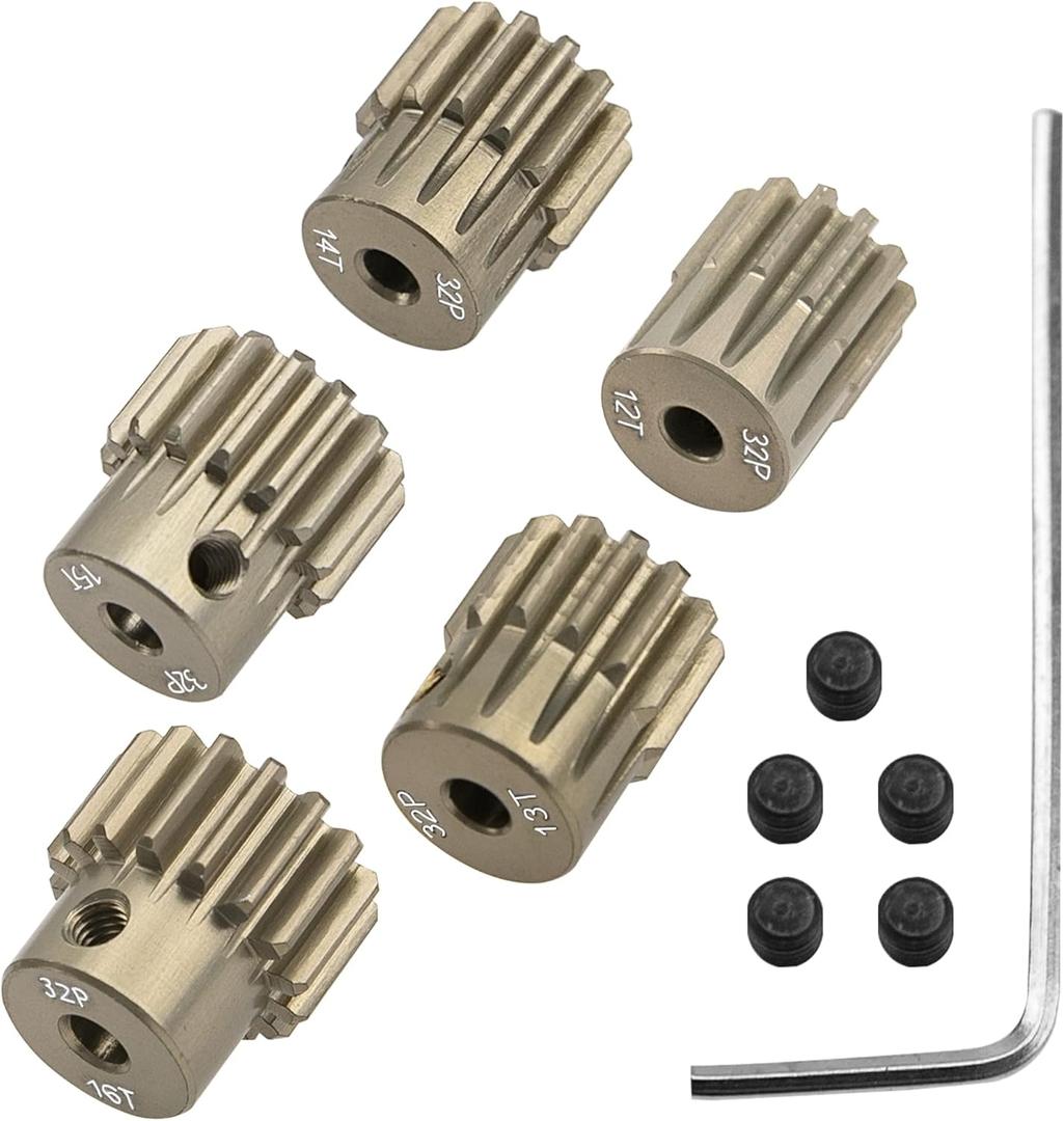 ShareGoo 7075 Aluminum Alloy 32DP 3.175mm Pinion Gear Sets 12T 13T 14T 15T 16T Motor Gears Fit 3.175mm (1/8-Inch) Shaft Compatible with HPI Losi Axial Traxxas Tamiya 1/10 RC Car,5Pack