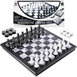 2-in-1 Chess Set and Magnetic Checkers Set - Foldable 13-inch Travel Board Game, Durable Plastic, Puzzle and Strategy Toys for Kids and Adults (Black and White)