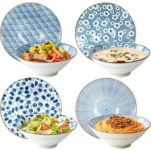 Ramen Bowls Set of 4, 8 Inch 38oz Porcelain Noodle Bowls for Pho, Ramen & Soup, Large Ceramic Ramen Bowl Set Microwave & Dishwasher Safe, Japanese Blue and White Style (Pattern-2)