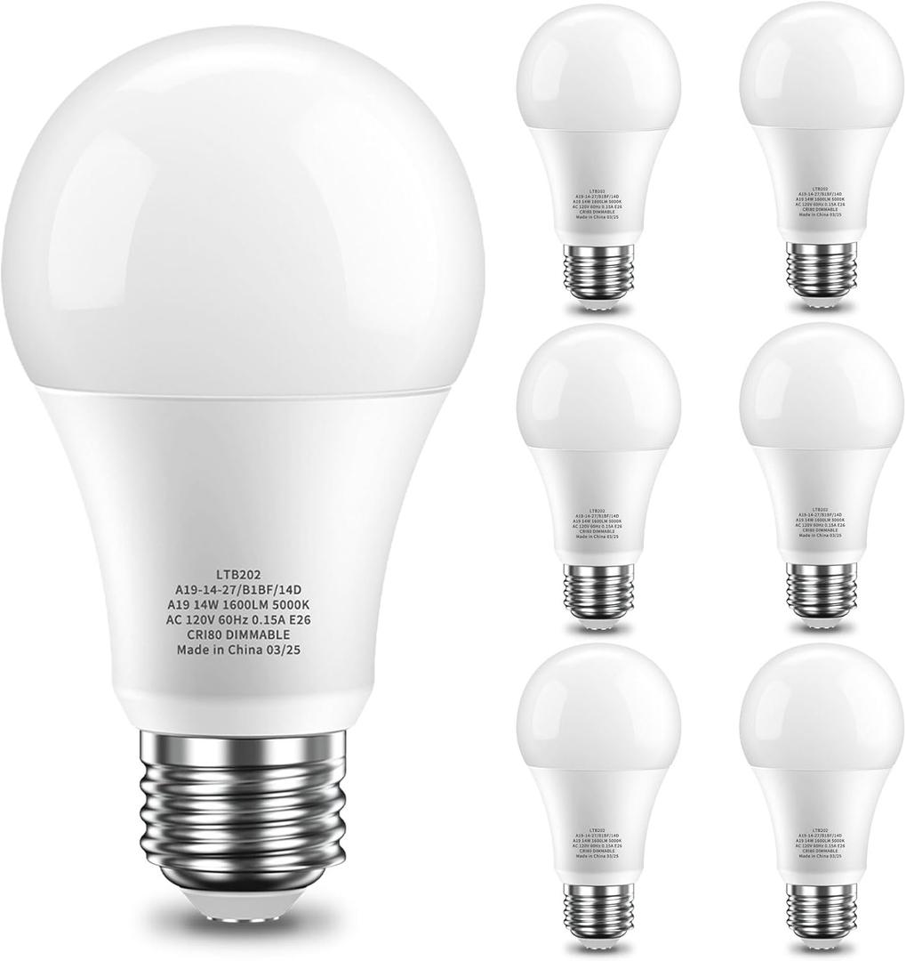 Dimmable Light Bulb, 100 Watt Equivalent LED Bulbs, E26 14W 1600LM 5000K Daylight White A19 Lightbulbs, 80+ CRI, 15,000 Hour Lifespan - 6 Pack