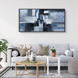 KLAKLA Large Abstracr Wall Art - Blue and Black Canvas Picture for Living Room Office Wall Decor Bedroom Art Framed Artwork Modern Wall Decoration 40x20 Inches