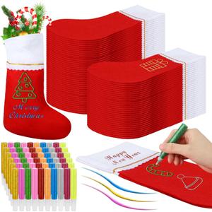 60 Pcs 15 Inch Felt Christmas Stockings and 60 Pcs 10 Colors Glitter Pens Christmas Stockings Hanging Ornaments White Cuff for DIY(Red)