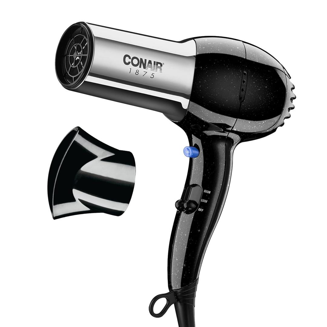 Conair Hair Dryer, 1875W FullSize Hair Dryer with Ionic Conditioning, Blow Dryer, Tourmaline Ceramic Technology for Quick Drying, Black/Chrome