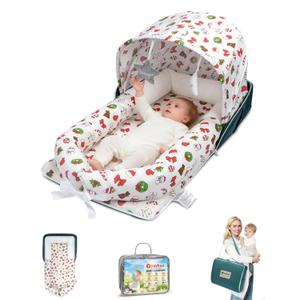 Baby Lounger with Canopy, Foldable Portable Infant Support Cushion for 0-12 Months Newborn, Soft Breathable Washable Baby Nest with Adorable Pattern, Perfect for Home Outdoor Supervised Awake Time