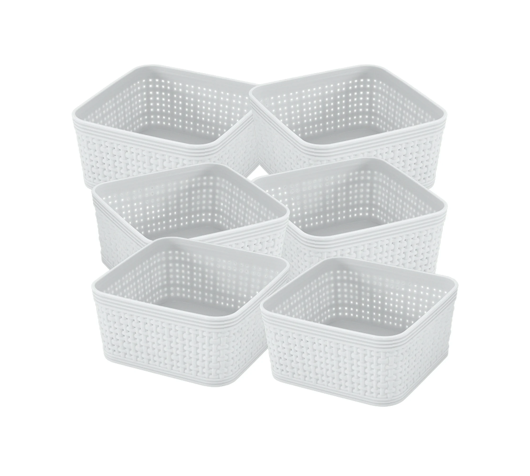 Woven Plastic Storage Baskets, 6 Pack White Weave Bins Organizer, 10.1" x 7.55" x 4.1"