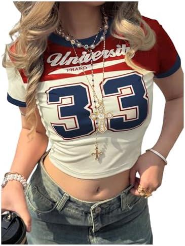 RoseSeek Women's Retro Jersey Shirts Number Graphic Short Sleeve Crop Tops Crewneck Tight T Shirt Streetwear L