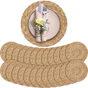 Aneco 24 Pack 13.8-Inch Round Woven Placemats Natural Hand-Woven Boho Rattan Wicker Bulrush Placemat Farmhouse Rustic Braided Table Mats for Dining & Kitchen Decor