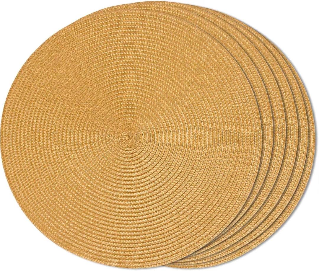 FunWheat Round Braided Placemats Set of 6 Table Mats for Dining Tables Woven Washable Non-Slip Place Mats 15 Inch, Pumpkin Yellow, 6pcs