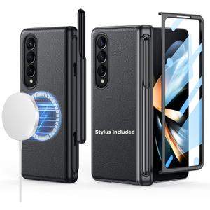 for Samsung Galaxy Z-Fold-4 Case, Support All Magsafe Accessories, Leather Back, Generic Stylus Include & Removable S Pen Holder, Hinge Protection, Screen Protector Cover 5G - Black