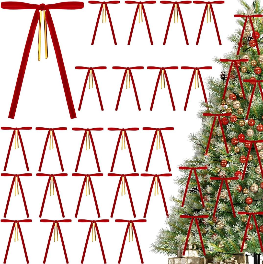 4 x 24Pcs Pre-Tied Christmas Tree Bows, 5x7 Inch Red Velvet Bows with 3/8" Ribbon for Xmas Tree Ornaments, Wreath, Garland, Gift Wrapping and Festive Indoor Holiday Decor