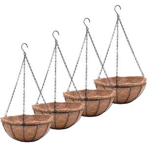 Outdoor Metal Hanging Planters Basket (4pack, 16 inch) Hanging Baskets for Plants Chain Round Wire Plant Holder with Coco Fiber Liners for Garden, Patio, Deck, Porch