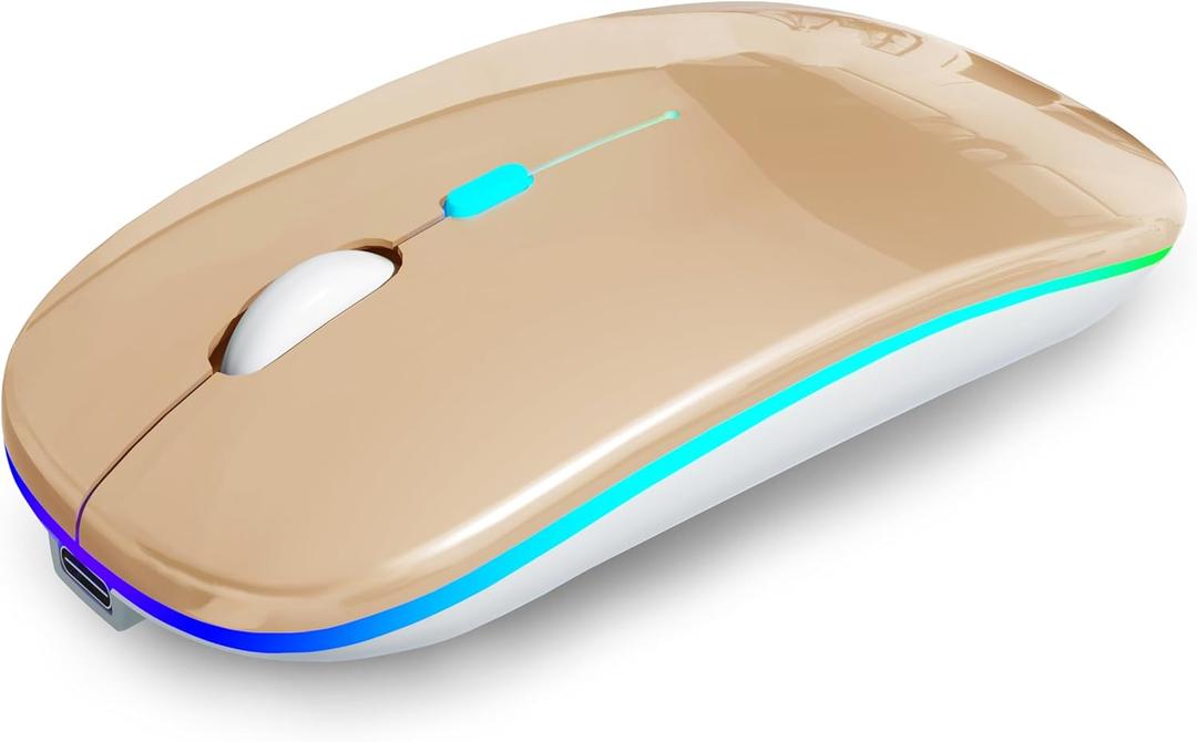 AIKOKOK Wireless Bluetooth Mouse, Rechargeable, Dual Mode Bluetooth 5.2 & 2.4G USB, LED Lights, Slim, Silent, Portable Computer Mouse for Laptop, PC, MacBook, iPad, Tablet (Gold)