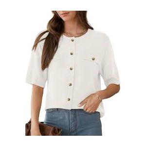 Women's Summer Knit Cardigan Casual Crewneck Button Down Short Sleeve Lightweight Blouse Top
 Size XL