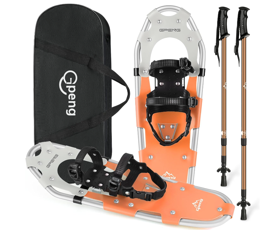 Gpeng Snowshoes for Men Women Youth Kids, Light Weight Aluminum Snow Shoes with Trekking Poles, Crampon Protector and Carrying Tote Bag () (21" Length, 8" Width, Capacity 70-150lbs), Orange (with poles))