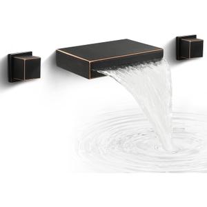 SKOWLL Wall Mounted Sink Faucet, Modern Waterfall Bathroom Faucet 2 Handle Widespread Faucets for Bathroom Sink 3 Holes Tub Filler, Oil Rubbed Bronze Finished