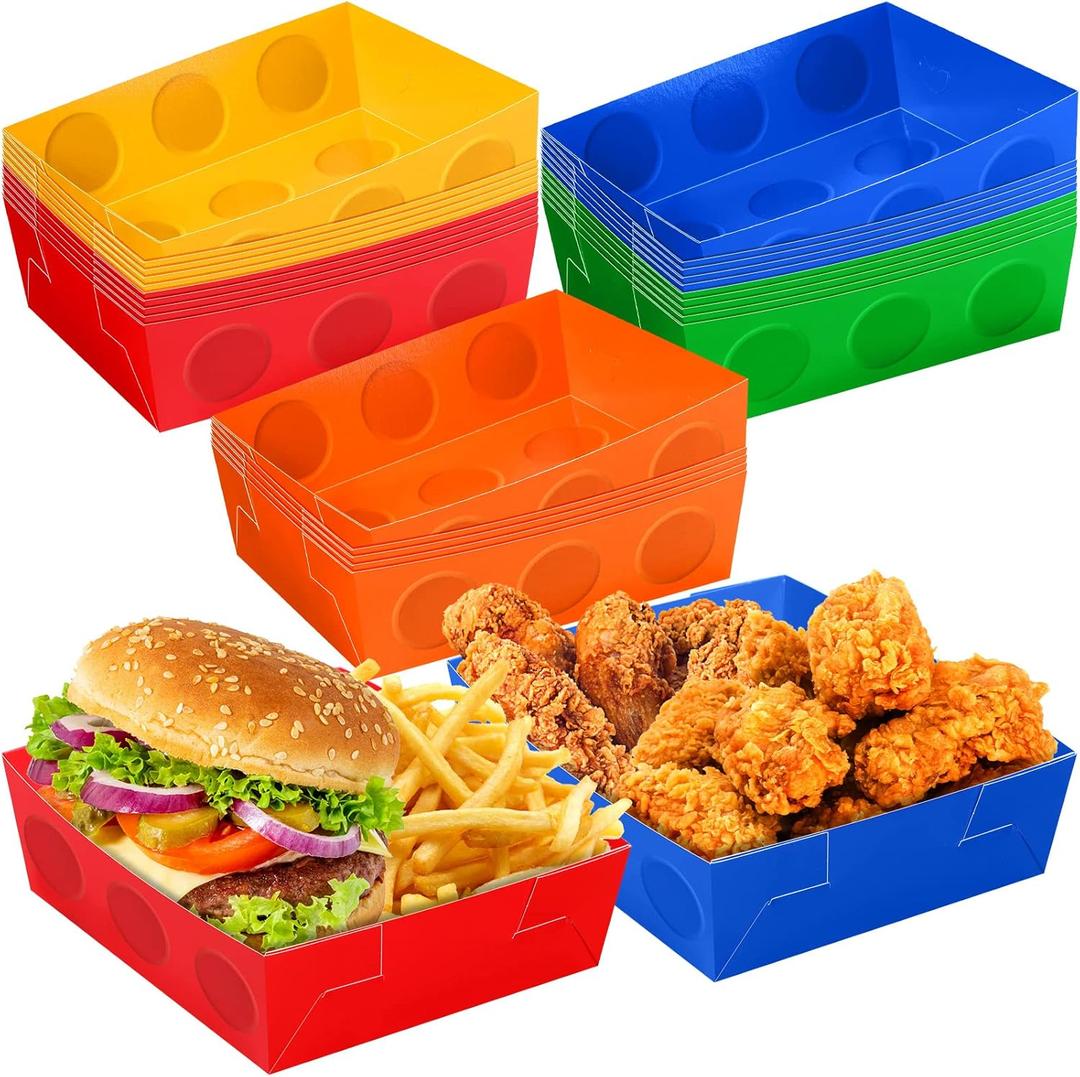 Hoolerry 25 Pcs Block Building Party Favor 5 lb Paper Food Trays Large Brick Theme Party Disposable Serving Tray Snack Tray for Food Building Block Birthday Baby Shower Decor (Bright Color)