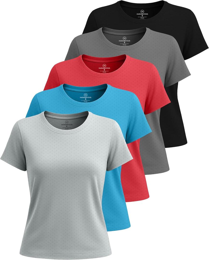 Real Essentials 5 Pack: Women's Breeze Tech Short Sleeve T-Shirts Athletic Tops Gym Workout Yoga Tennis Activewear (Plus) (X-Large)