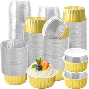 200Pcs Round Aluminum Baking Cake Pans with Clear Plastic Lids, Foil Pie Tin Tart Pans Disposable Ramekins Browni Baking Cups Dessert Cups for Wedding Birthday Party,5oz Gold, 5oz/125ml