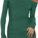 HYPERFIRE Women's Sexy Elegant Off The Shoulder Ribbed Long Sleeve Dress Party Mini Dresses, XS, Green