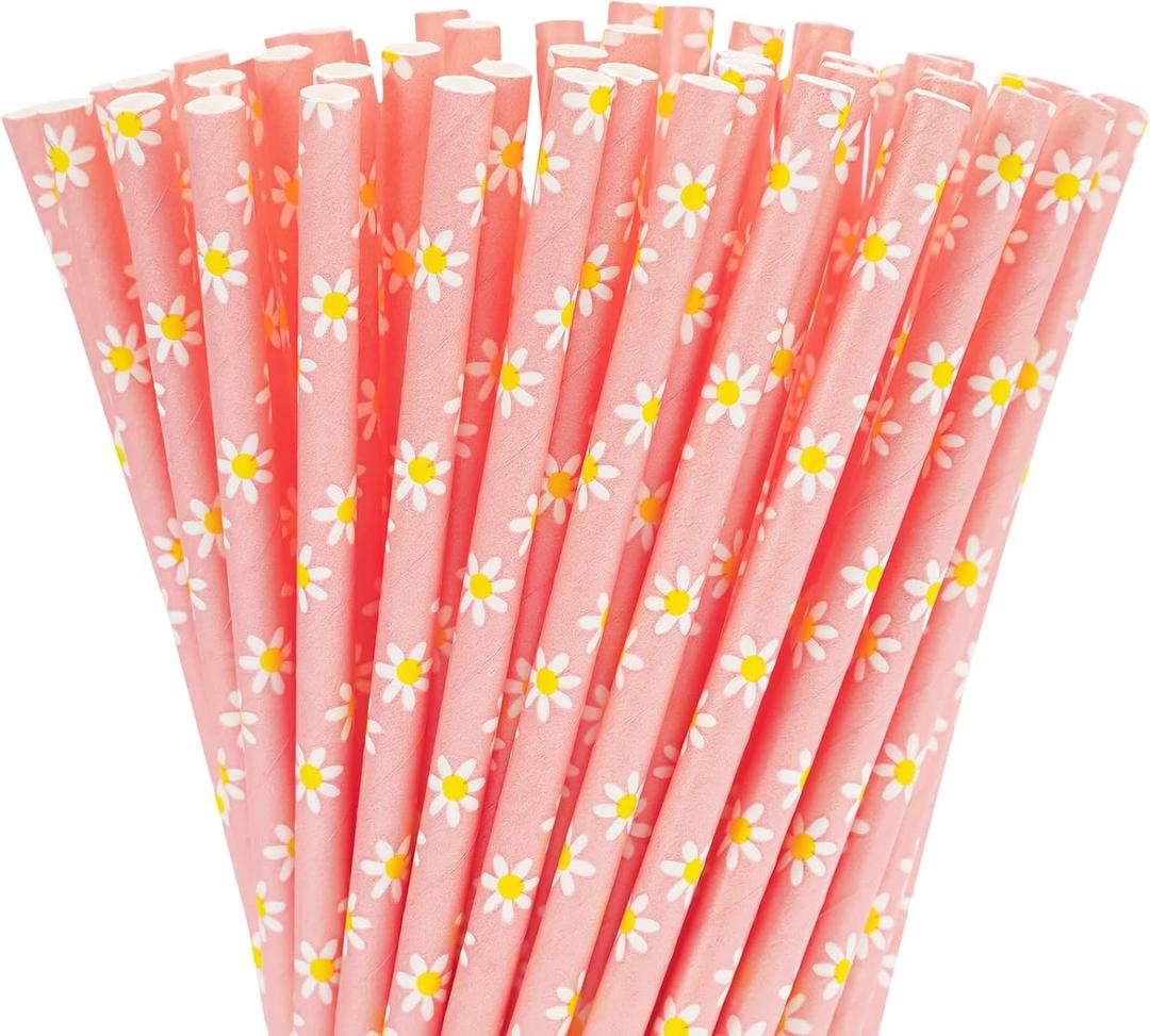 Whaline 100Pcs Daisy Flower Drinking Straws Pink Flowers Disposable Paper Straws Groovy Floral Decorative Straw for Spring Summer Birthday Baby Shower Party Supplies Juices Shakes Cocktail Decoration