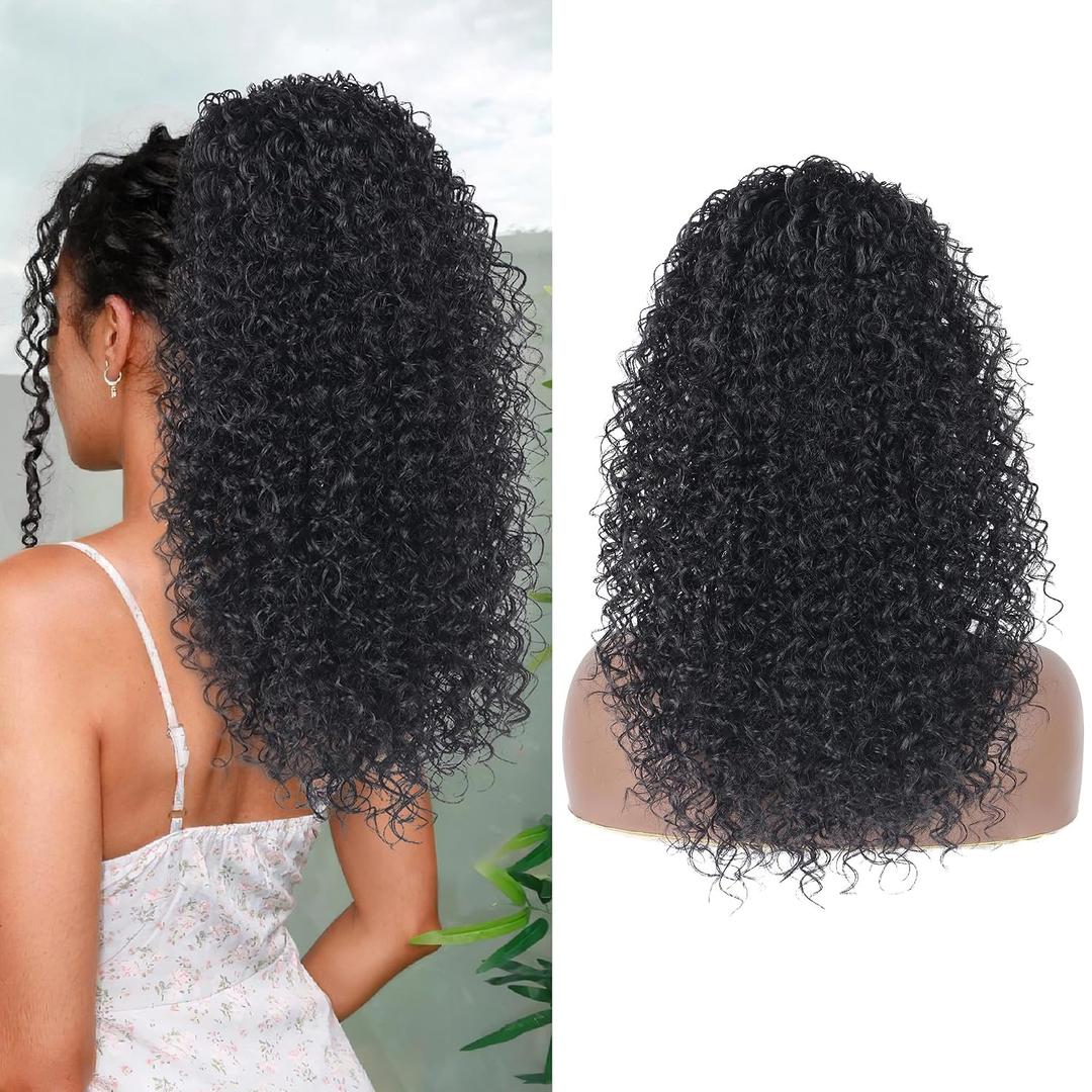 Alebery 20 Inch Drawstring Ponytail Extension for Black Women Deep Curly Ponytail Extension Synthetic Mixed with Human Hair Hairpieces Afro Kinky Curly Pony Tail for Daily Use (Black)
