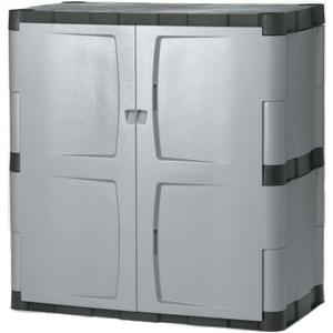Rubbermaid Freestanding Storage Cabinet with Doors 18"D x 36"W x 37"H Medium Gray/Black Two-Shelf Lockable Cabinet for Indoor/Outdoor/Garage Storage for Garden Tools/Lawn Care Accessories