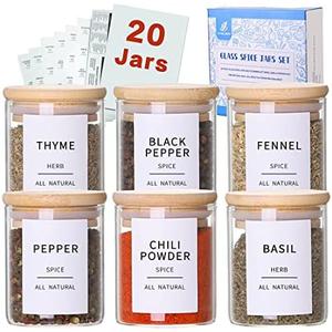 Glass Spice Jars with Bamboo Lids - 12 Pcs Thicken(2.4mm) 4oz Airtight Seasoning Containers with 131 Waterproof Minimalist Spice labels Preprinted - Small herb Jars for Pantry Organization and Storage