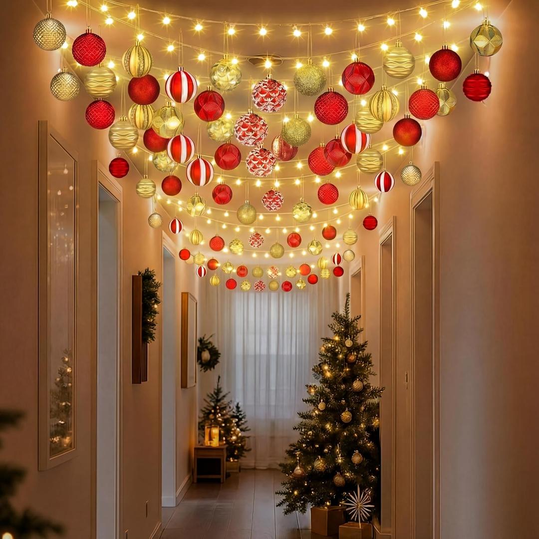 Soulchen Christmas Hallway Ceiling Decorations Kit Includes 131.24 ft Fairy Lights with 320 LEDs and Hooks 24 Pcs Balls Ornaments Christmas Decor for Xmas Holiday Party Indoor Outdoor