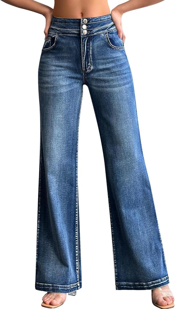 roswear Women's Wide Leg Jeans Casual High Waisted Stretch Baggy Loose Denim Pants (Large, 104 Blue)