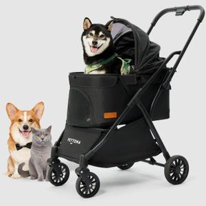 PETTENA One-Touch Foldable Dog Stroller for Small Dogs Cats up to 44 Lbs, Cat Stroller for 2 Cats, Large Space, Black
