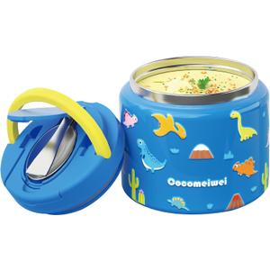 11.8 oz Thermo for Hot Food, Soup Thermo Stainless Steel, Hot Food Container with Fold-up Spoon, Flip Open Lid School Insulated Food Jar, Keep Hot & Cold for Work,Blue-Dinosaurs