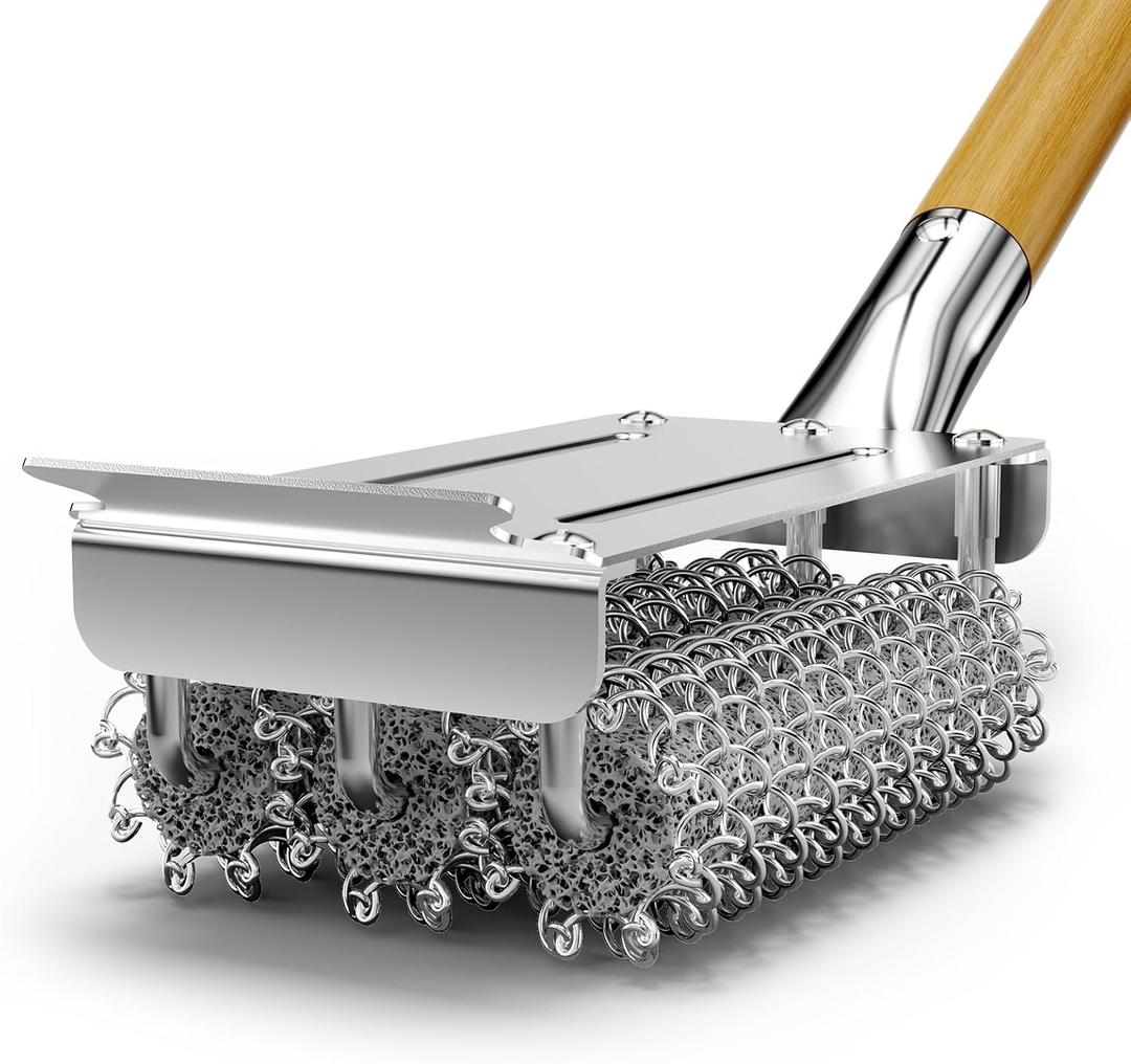 HOUSE AGAIN Grill Brush Bristle Free, 304 Stainless Steel Food-Grade Brush Head with Scraper, Safe BBQ Outdoor Grill Cleaning Brush Strong Barbecue Brush Cleaner Non Wire for Grill Grate/Wooden Handle