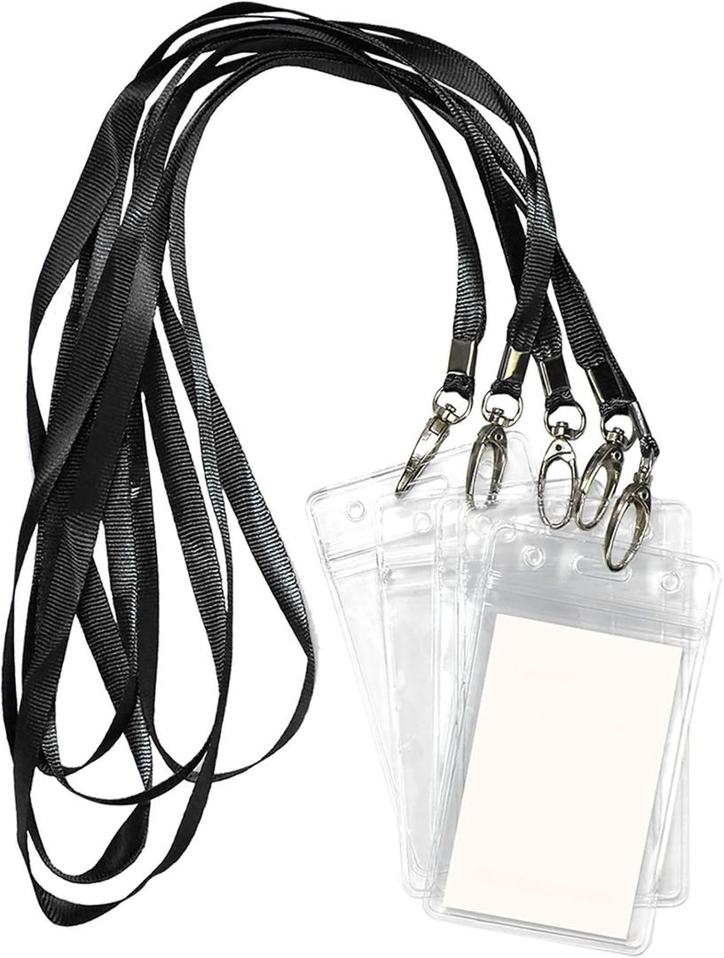 Lanyard with ID Holder 50 Pcs Waterproof Name Tag Vertical Badge ID Card Holders ID Pass Holder and 50 Pcs Flat Neck Black Lanyards Swivel Hook