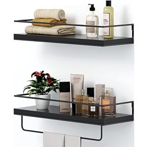 SHARIO Black Wood Floating Shelves - Set of 2, Wall Mounted Hanging Shelves with Black Towel Rack, Decorative Storage Shelves for Bathroom, Kitchen, Living Room & Bedroom
