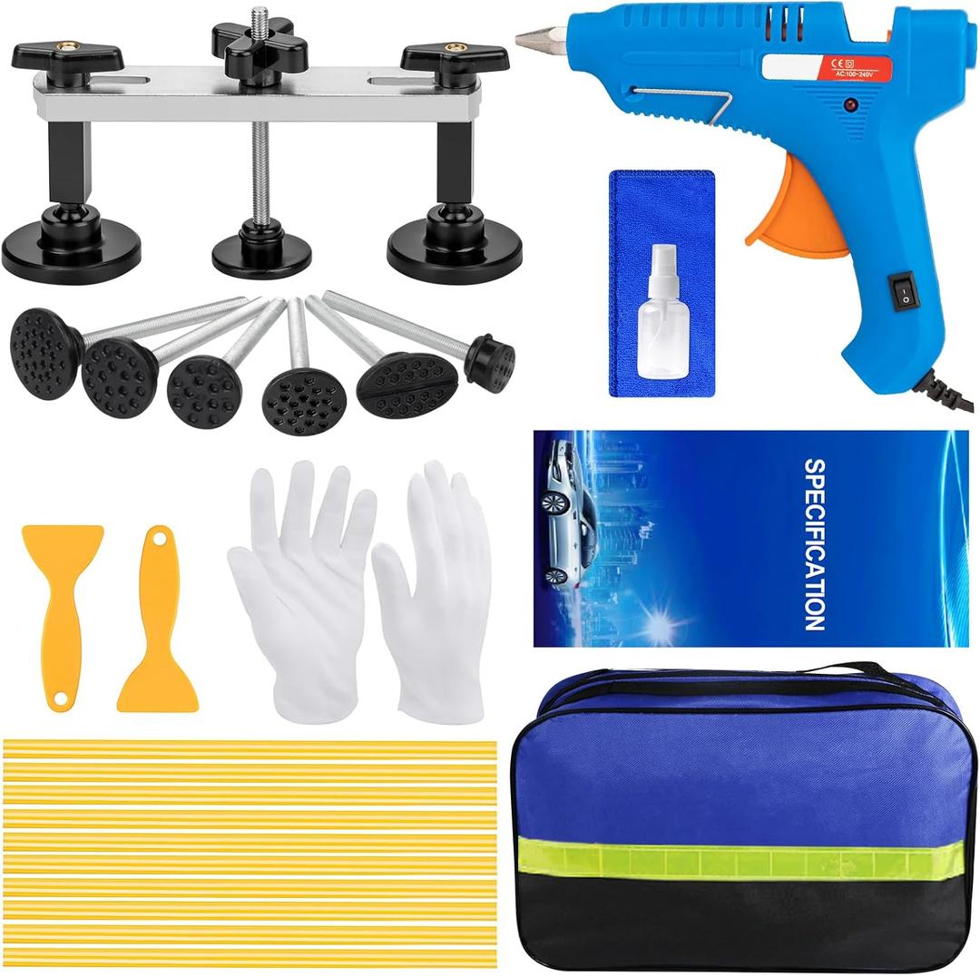 25Pcs Car Dent Puller Kit, Professional Car Body Paintless Dent Repair Tools with Adjustable Bridge Puller, Dent Removal Kit for Car Dent, SUV Truck, Hail Damage Medium Dent, Door Ding